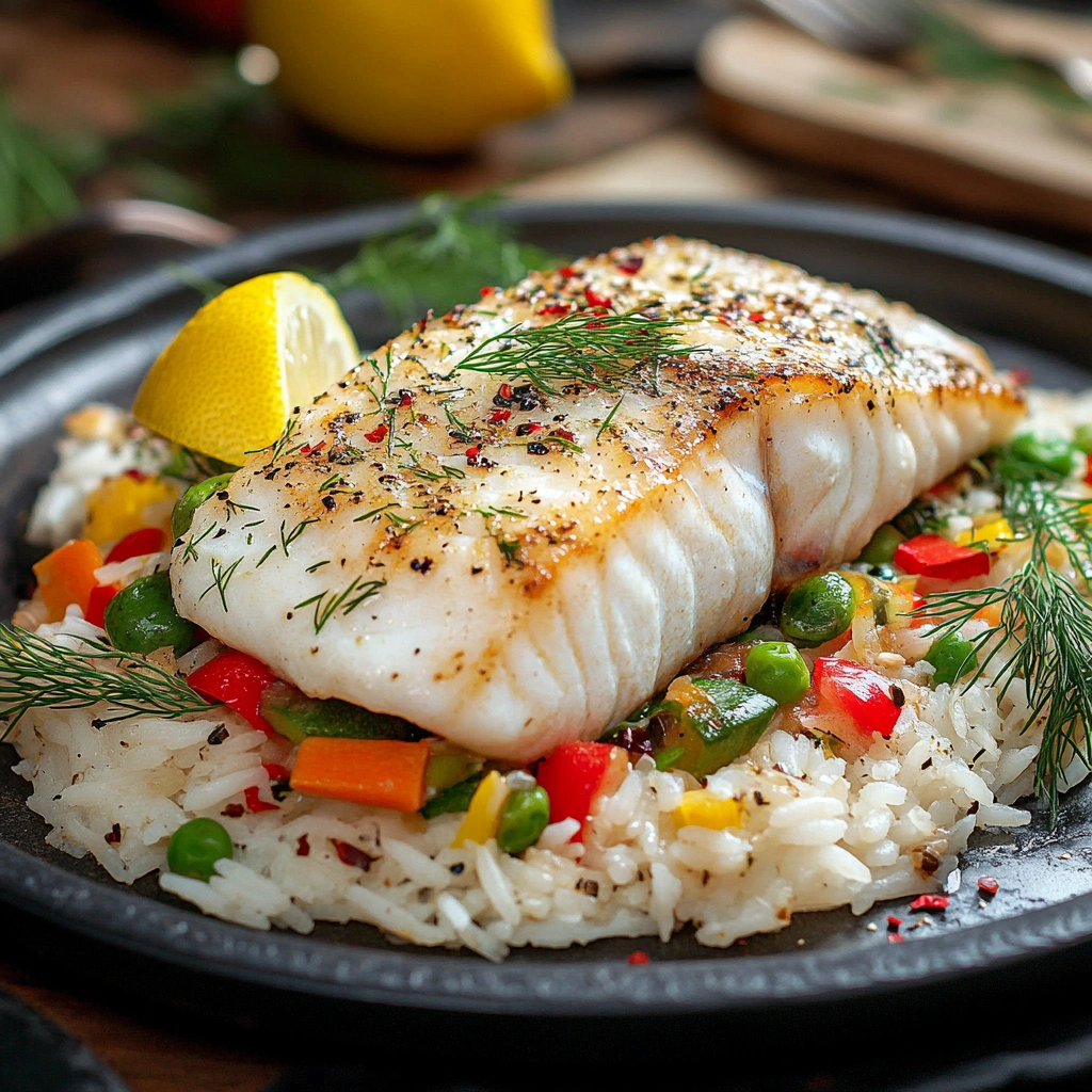 Риба з рисом та овочами